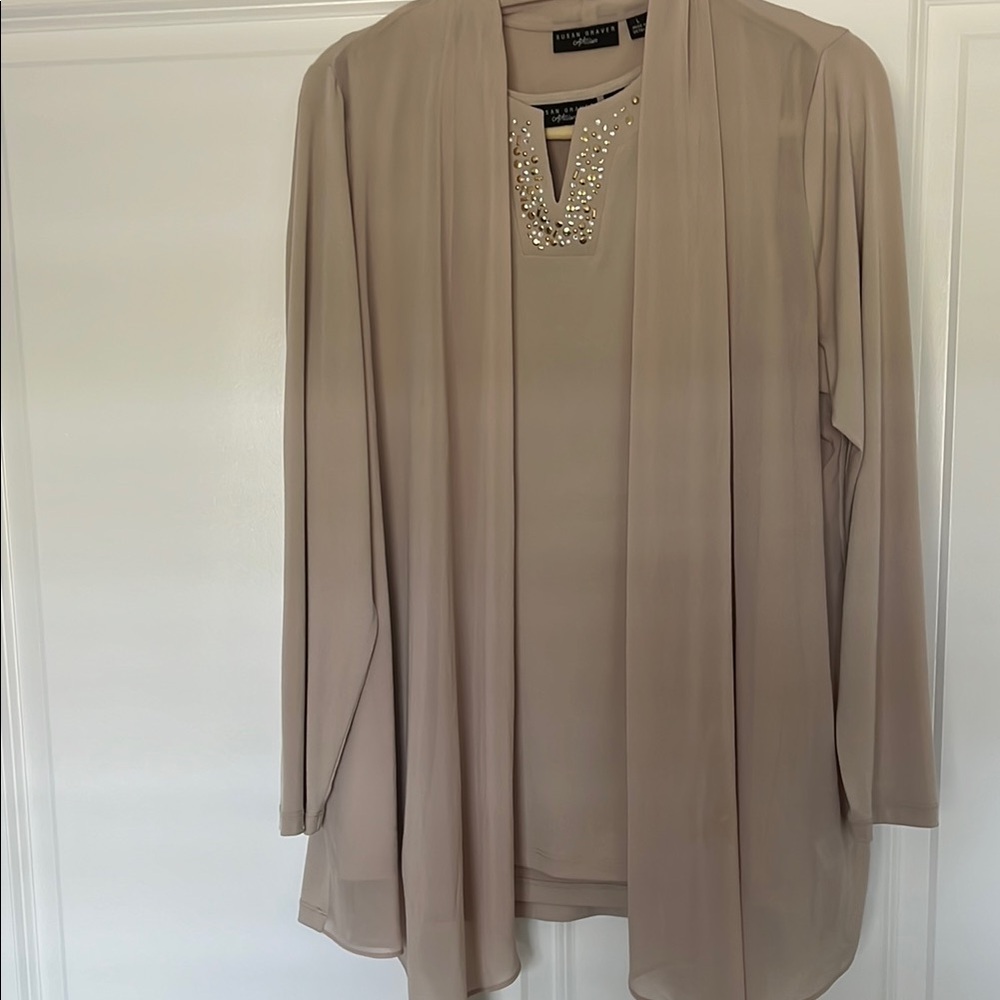 Beige Embellished Sleeveless top and Cardigan Set